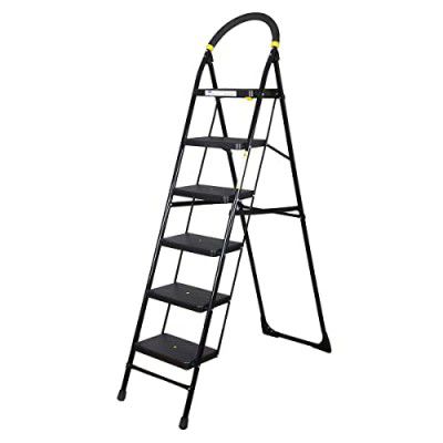 Asian Paints TruCare Home Ladder, Foldable with 6 Slip-Resistant Steps | 5 Year Warranty | Durable, Heavy Duty, Anti-Skid Steel Ladder | Guard Rail for Safety (6 Steps, Black)