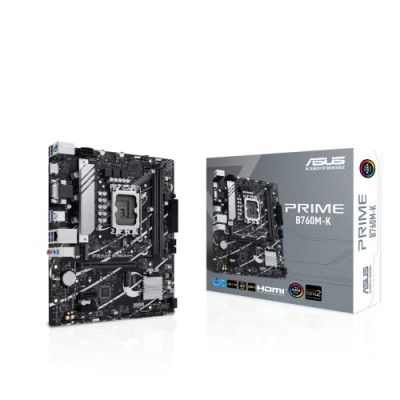 ASUS Prime B760M-K, an Intel B760 LGA 1700 mATX Motherboard with PCIe 4.0, Two PCIe 4.0 M.2 Slots, DDR5, Realtek 2.5Gb Ethernet, VGA, HDMI, SATA 6 Gbps, Front USB 3.2 Gen 1, Aura Sync