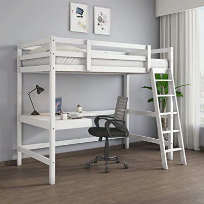 @home By Nilkamal Genius Solid Wood Bunk Bed with Study Table & Side Ladder for Kids (White) | 1 Year Warranty