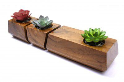 ATLAAYA Indoor Wooden Planter Set of 3 Decorative Succulent Pots with Plants & Unique Design