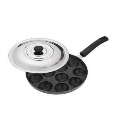 Attro Aluminium Non-Stick Heavy Duty 12 Cavity Appam Patra Paniyarakkal One Side Handle with Steel lid and Wooden Picker, Spatter Finish, (Marble Grey, Standard) ATR-APM-12-ONE-HN-DL