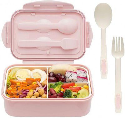 Attro Carbon Lunch Box 3 Compartment, Stylish lid & 2 Spoons Made with Heavy Plastic BPA Free Food Grade Perfect for School Kids, College & Outdoor 1100ml - Peach