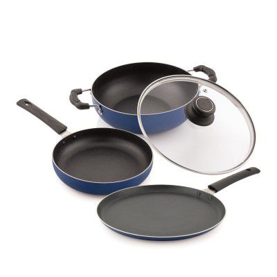 Attro Imperial 4pcs Non Stick Combo Kitchen Induction and Gas Compatible Cookware Set Kadai, Fry Pan, Dosa Tawa & 1 Glass Lid- Indigo Blue Matt