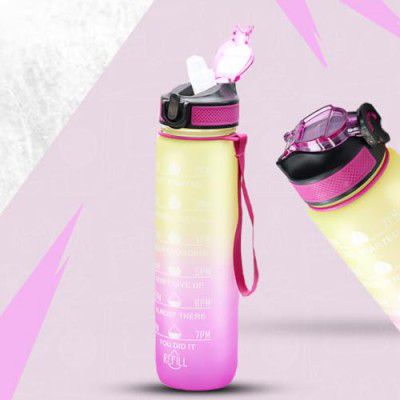 Attro Motivational 1 Liter Quotes & Time Marker Dual Colour Sports Plastic Bottle BPA Free, Leak Proof Sipper Bottle for Gym, Office, Workout-Dark Pink Yellow