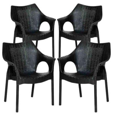 Attro Supreme Cambridge Armchair Premium Heavy Duty Plastic Chair with Stylish Rattan Looks - Black Set of 4