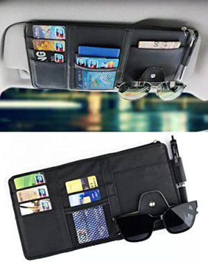 AUGEN PU Leather Multi-Function Car Space Sun Visor Organizer Hanging Phone Storage Pouch Holder with Multi-Pocket Net Zipper (Black) (Pack of 1)