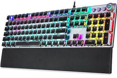 AULA F2088 Mechanical Gaming Keyboard, Clicky Blue Switches, LED Rainbow Backlit, Removable Wrist Rest, Cool Square Keycaps, Full Size Wired Keyboard for Windows/Mac/PC (Black)