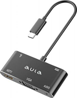 Aula OT-9573S USB C to HDMI VGA Adapter, 5 in 1 Aluminium USB Type C Hub with 4K HDMI(30Hz)/VGA(1080P 60Hz) | USB 3.0, 3.5MM Audio Port & 100W PD Port Compatible for All Type-C Devices