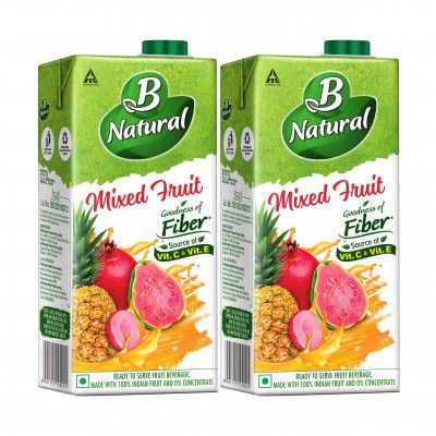 B Natural Mixed Fruit, Goodness of fiber, Rich in Vitamin C & E, Made with 100% Indian Fruit and 0% Concentrate, 1 liter (Pack of 2)