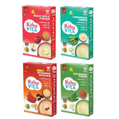 Babyvita Nutribox Plus - Kannankaya Powder, Wheat Apple Powder, Rice Banana Powder, and Instant Red Banana Dates Rice Powder Combo Pack Meal Kit (4 x 50g)