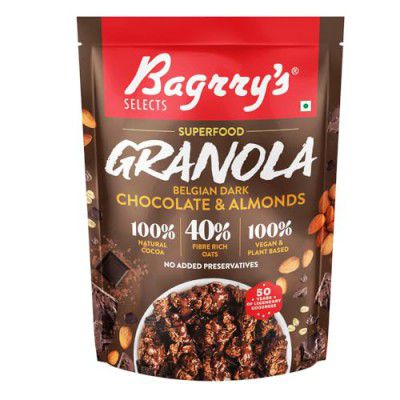 Bagrry’s Superfood Granola Belgian Dark Chocolate & Almonds 400gm Pouch|40% Oats & Quinoa Flakes| 100% Natural Cocoa|Vegan & Plant Based|High in Fibre & Protein|Breakfast Cereal|Crunchy Granola