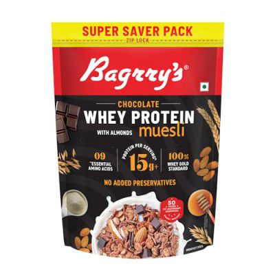 Bagrry's Whey Protein Muesli 750gm Pouch |15gm Protein Per Serve |Chocolate Flavour|Whole Oats & Californian Almonds|Breakfast Cereal|Protein Rich|Premium American Whey Muesli