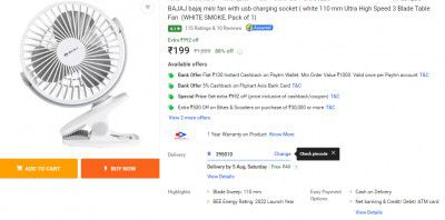 BAJAJ mini fan with usb charging socket ( white 110 mm Ultra High Speed 3 Blade Table Fan  (WHITE SMOKE, Pack of 1)