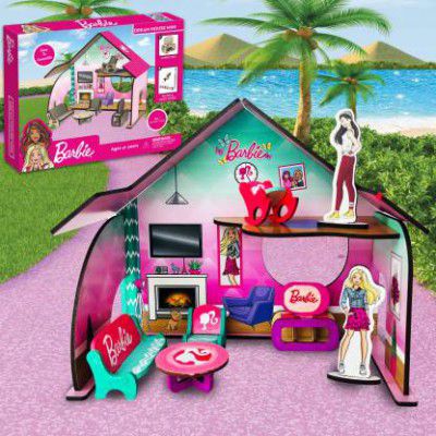 BARBIE Mini Doll House for Girls and Boys DIY Paint Wooden Dollhouse Toy with Furniture  (Multicolor)