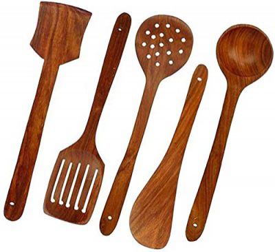 BASERA Wooden Non Stick Spatulas, Ladles Mixing and Turning Handmade Wooden Serving and Cooking Spoon Kitchen Utensil Set of 5