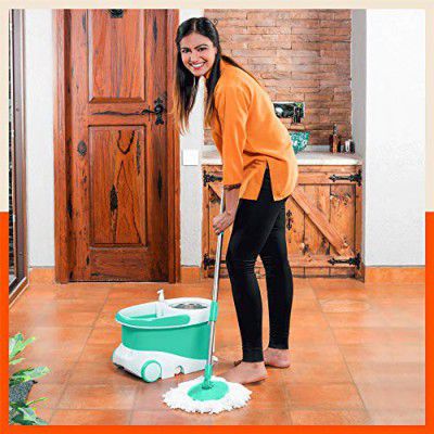 Bathla Ultra Clean Plus - Heavy Duty Microfiber Spin Mop with Large Trolley Wheels (Green), Pack of 1