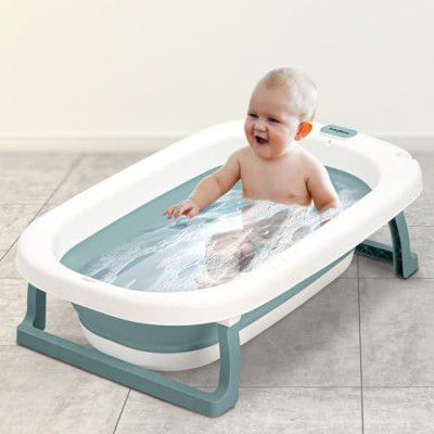 Baybee Kids Bath Tub for Baby Mini Swimming Pool for Kids, Foldable Bathtub for Baby with Anti Skid Base, Support Cushion & Drainer | Baby Bath tub for Kids 0 to 3 Years Boy Girl (Jolly, Green)