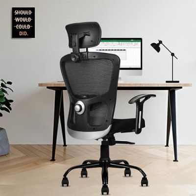 beAAtho® Amaze Ergonomically Adjustable Executive Mesh Home & Revolving Office Chair. (TILT Mechanism, Adjustable Head & Fixed Arm Rest, Metal Base) (Black)