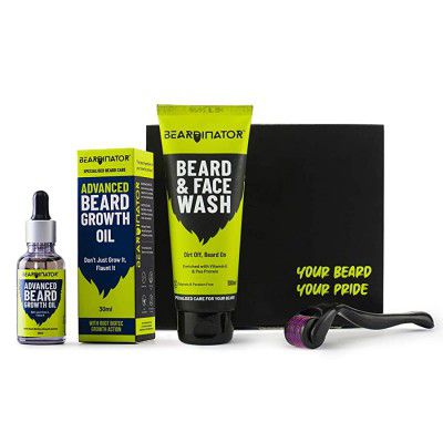 Beardinator 3 Step Advanced Beard Growth Kit | For Faster Beard Growth | Combo of Advanced Beard Growth Oil, Beard & Face Wash and Beard Activator (Derma Roller)