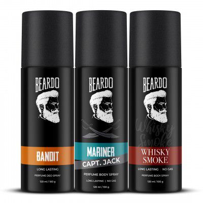 Beardo Body Spray Gift Set For Men (120Ml X Pack Of 3) Bandit, Mariner Capt. Jack & Whisky Smoke Body Spray Perfume Pack