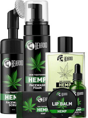 Beardo Men's grooming Personal Skin,Hair & Body Care Combo Kit with Hemp Foam Facewash, Facewash Scrub, Hair Oil, Beard Oil, Soap and Lip Balm Set of 6