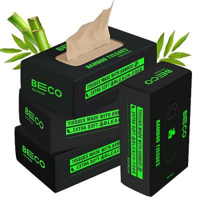 Beco Bamboo Super Soft 2-ply Car Tissue Box| Facial Tissue-100 pulls x 4 Packs (400 Pulls) | 100% Natural & Ecofriendly