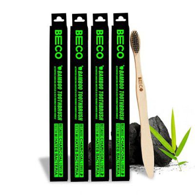 Beco Compostable Bamboo Toothbrush with Ultra-Soft Charcoal activated Bristles, 100% Natural & Eco-Friendly (Pack of 4)