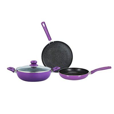 BERGNER Aluminium Albarino Non-Stick Cookware Set 4Pc-Kadhai With Glass Lid 2.6 L, Dosa Tawa 28Cm, Purple