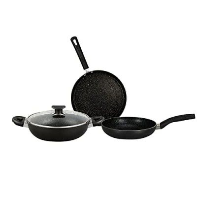 Bergner Essential Plus Non-Stick 4Pc-Cookware Set (Kadhai with Glass Lid 2.6 L, Dosa Tawa 28cm, Fry Pan 24cm) Induction Compatible, Bakelite Handles, PFOA Free, Black