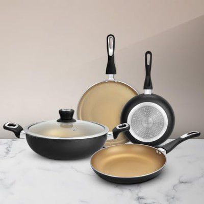 Bergner Optimum Aluminium 3-Layer Non-Stick 5 Pcs Cookware Set - 28cm Tawa, 18cm Frypan, 24cm Frypan, 24cm (2.5 L) Kadai, 24cm Common Glass Lid for Frypan & Kadai, Bakelite Handle, Induction Bottom