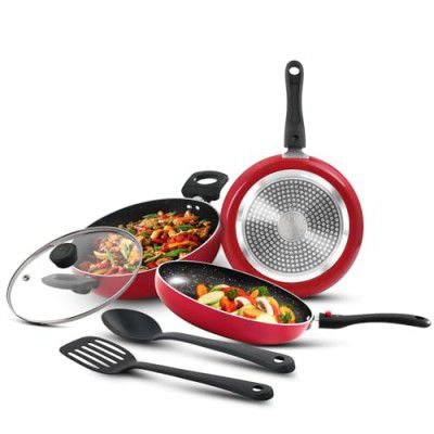 Bergner Sherry Plus Non-Stick 6 pcs Cookware Set,  (2.5 L) Kadai with Glass Lid, 24cm (1.6 L) Frying Pan,