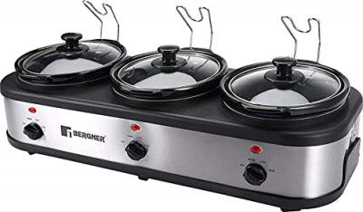 Bergner Supreme Electric Cooker 320W, 3x1.5 L for Low & High Temperature Food Warming/Slow Cooking, Ceramic Pot with Glass Lid, Body Stainless Steel, Pot & Lid Dishwasher Ready, Cool Touch Handling