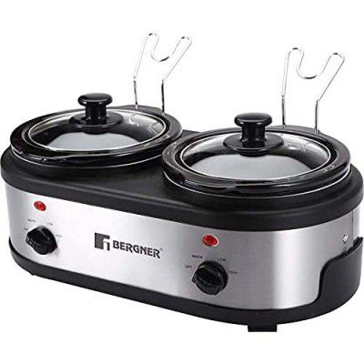 Bergner Supreme Stainless Steel Slow Cooker with Cookbook Twin Pot 100W, 2 X 1.5 Liter, Grey