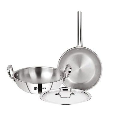 Bergner Tripro TriPly Stainless Steel 3 Pcs Cookware Set - 24cm (3L) Kadai with Lid, 22 cm (1.5 L) (5-Year Warranty by Bergner)