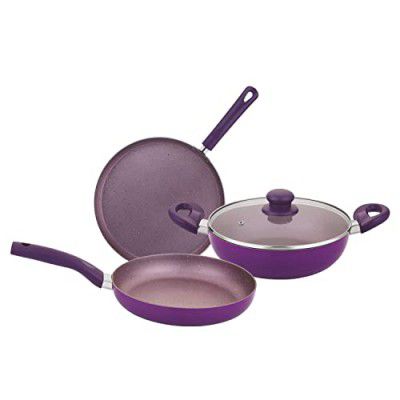 Bergner Vega Non-Stick 4Pc-Cookware Set (Kadhai with Tempered Glass Lid 2.6 L, Dosa Tawa 28cm, Fry Pan 24cm)