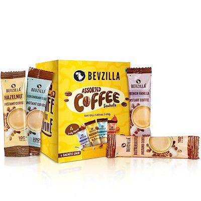 Bevzilla 24 Instant Coffee Powder Sachets (24 X2 Gram)| Turkish Hazelnut,Colombian Gold,French Vanilla & English Butterscotch | 6 Sachets Each Flavour| Makes 24 Cups| 100% Arabica Coffee| Strong