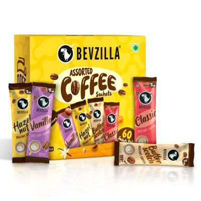 Bevzilla 60 Instant Coffee Powder Sachets(Assorted) - 120 Grams | Makes 60 Cups| 100 % Arabica Coffee