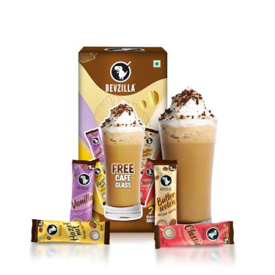 Bevzilla Premium Glass & 24 Flavoured Coffee Sachets Box |Makes 24 Cups Of Coffee| Butterscotch, Classic, French Vanilla & Turkish Hazelnut Flavour| Preimum Gift Box| Strong Coffee