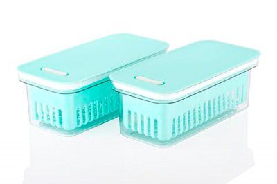 BHOJAL Air-Tight Fridge Storage Boxes with Removable Drain Plate and Lid Stackable. Plastic Freezer Storage Containers for Fish, Meat, Vegetables, Fruits (Sea Green) (1100ML)