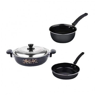 BigPlayer 3-Piece Nonstick Cookware Set in Black - Includes Kadai with Lid, Large Tadka Pan, and Frypan - Bundled with Kitchen Tool Set