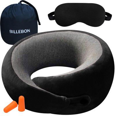 Billebon Ultrasoft Memory Foam Neck Pillow for Travel, Lightweight Comfortable & Breathable Cover, Airplane Travel Pillow Combo with Premium Eye Mask and Carry Bag. (Black)