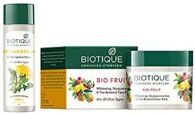 Biotique Bio Dandelion Visibly Ageless Serum, 190ml And Biotique Bio Fruit Whitening And Depigmentation & Tan Removal Face Pack, 75g