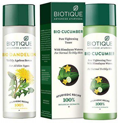 Biotique Bio Dandelion Visibly Ageless Serum, 190ml And Biotique Bio Cucumber Pore Tightening Toner, 120ml