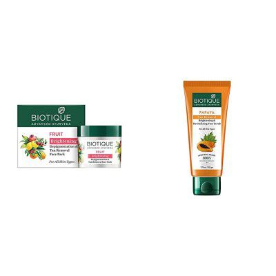 Biotique Bio Fruit Whitening And Depigmentation and Tan Removal Face Pack, 75g and Papaya Revitalizing Tan-Removal Scrub, 100 g