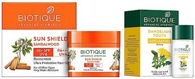 Biotique Bio Sandalwood Face & Body Sun Cream SPF 50 UVA/UVB Sunscreen For All Skin Types In The Sun Very Water Resistant, 50gm And Dandelion Visibly Ageless Serum, 40 ml