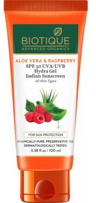 Biotique Men & Women Aloe Vera & Raspberry Spf 50 Non- Sticky Hydra Gel Sunscreen For All Skin Types For Indian Skin |Protects From UVA & UVB Rays | & - 100G, Pack Of 1