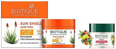 Biotique Sun Shield Aloe Vera 30+ Spf Uvb Sunscreen For All Skin Types Ultra Protectective Face Cream For All Skin Types, 50G & Bio Fruit Whitening/Brightening Lip Balm, 12G, Pack Of 1