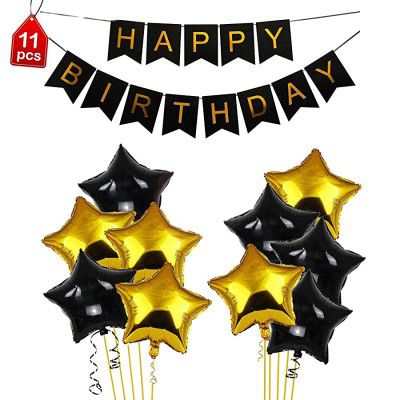 Black & Gold Happy Birthday Balloons Decoration Kit Items Combo-11Pcs for Kids Boys Girls Adult Women Husband,Quarantine Theme . 10 Star Foil Balloons, 1 Banner ,balloon