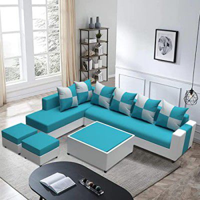 Blisscraft Sierra 8 Seater Fabric LHS L Shape Sofa Set with 1 Centre Table & 2 Puffy (Aqua Blue-Light Grey)