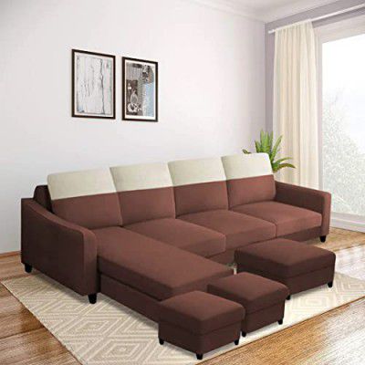 Blisscraft Smartan 8 Seater Fabric LHS L Shape Sofa Set with Puffy (Brown)